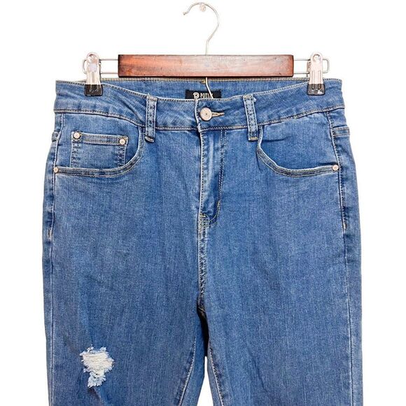 NWT Potili Medium Wash Skinny Distressed Stretch Blue Denim Jeans Retail $99 - Picture 2 of 12
